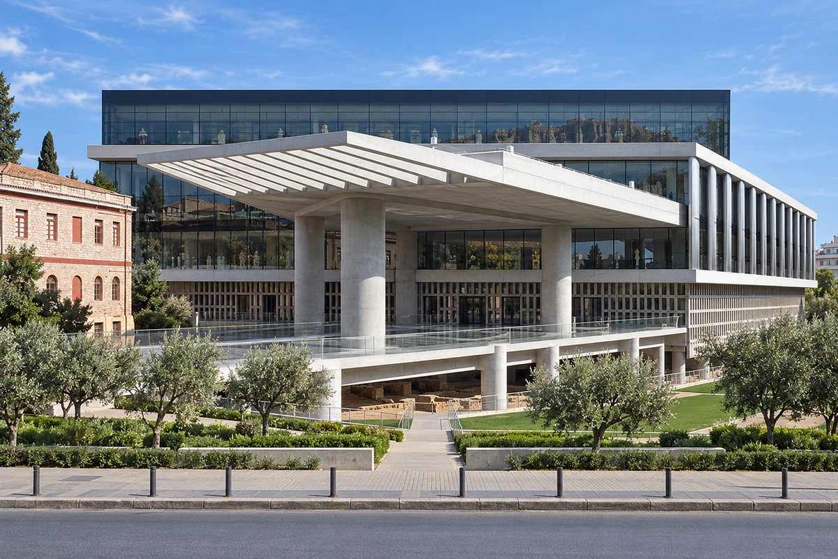 2009年马克里亚尼雅典卫城博物馆现代主馆入口面完整全景,AI建筑演绎。