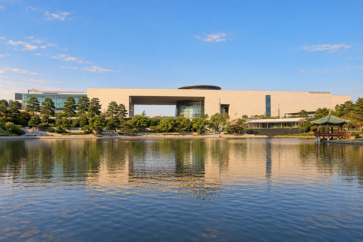 首尔龙山国立中央博物馆正面完整建筑与镜池的策展全景