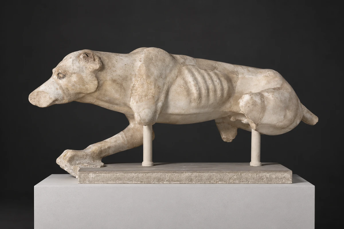 猎犬石像（Acr.143）：依本馆原件参考制作的AI策展影像，保留现存残损与材料形态。