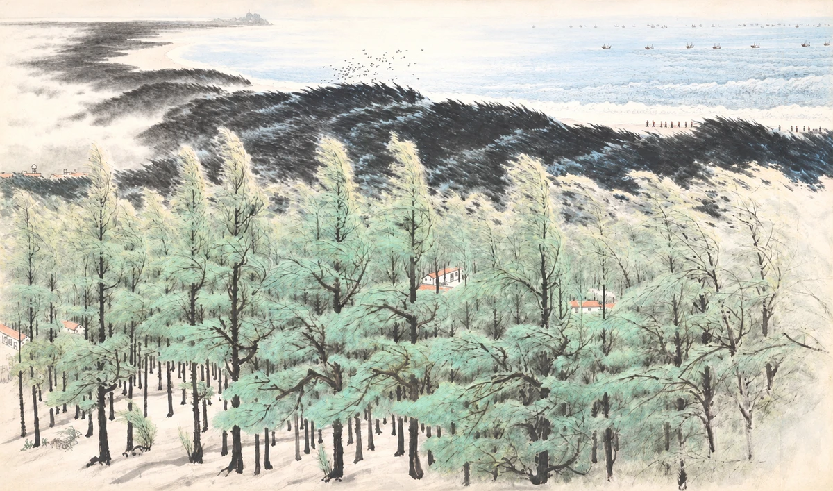 关山月《绿色长城》全幅策展影像（AI视觉演绎）