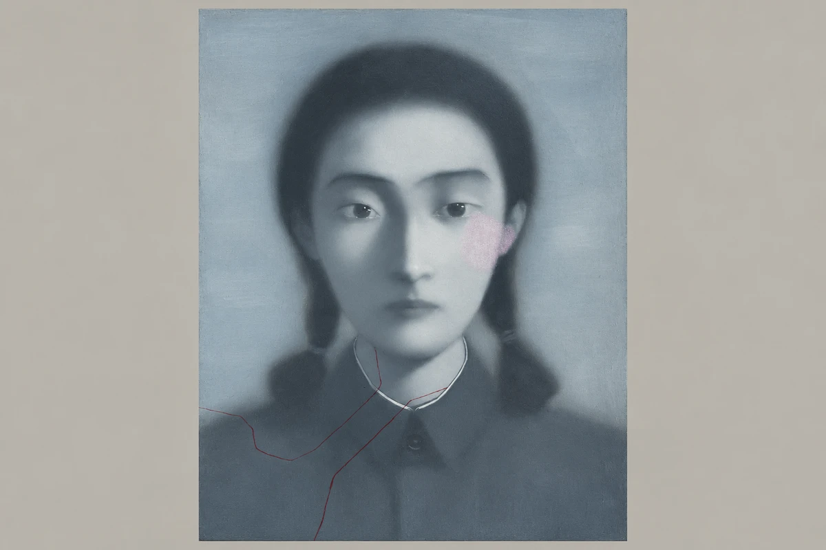 血缘系列：女孩肖像：张晓刚以近似旧照片的灰蓝色调描绘独立女孩，辫子、白色领缘与细红线构成安静而紧张的肖像。；AI视觉演绎