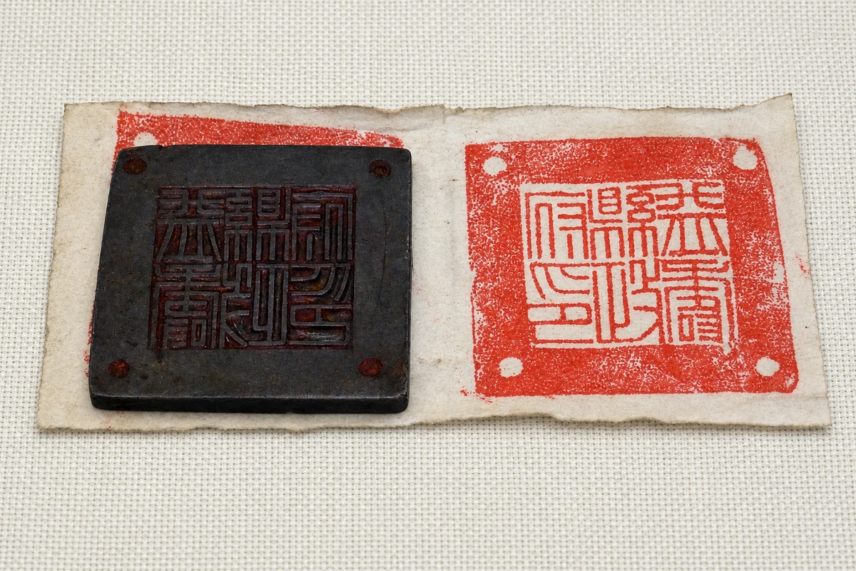 参考只有左侧方形印面与右侧纸上钤印；四角孔及方向关系，材质和钮部未详，不造把手。
