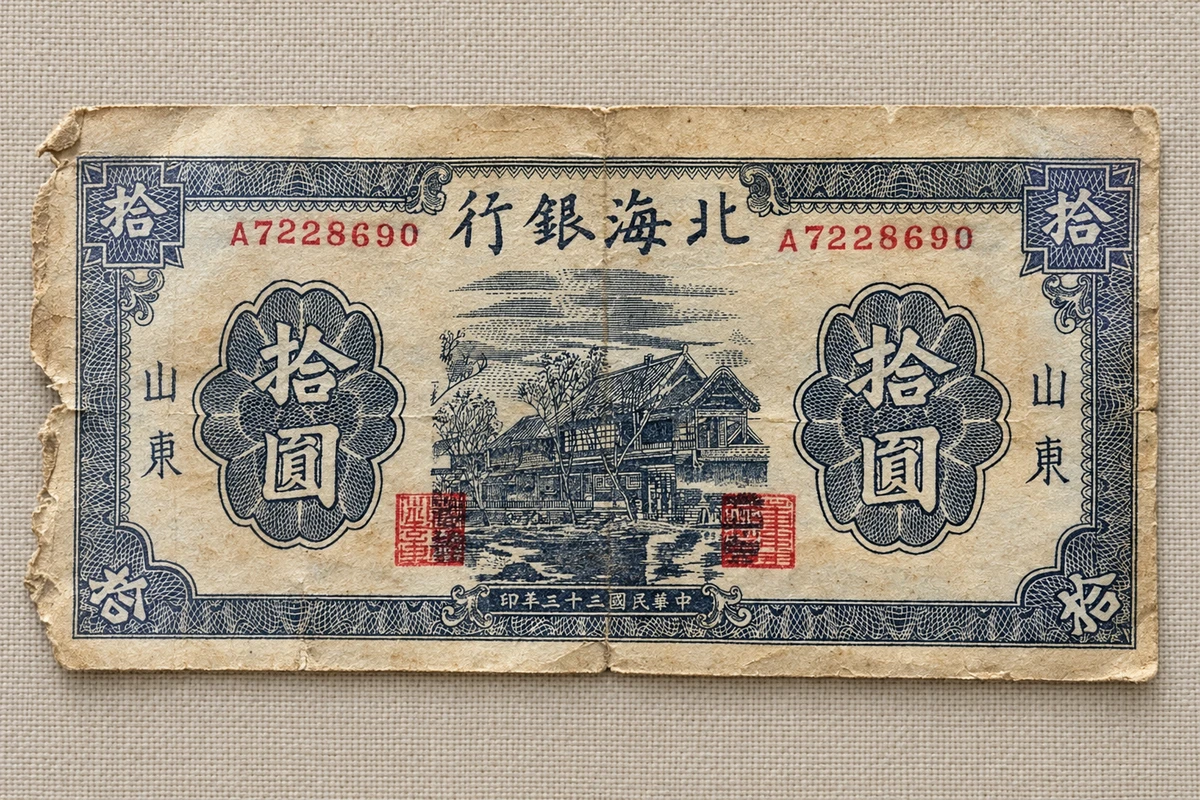民国三十三年印的北海银行拾圆票面，两个拾圓圆饰、中央房屋树木、蓝黑边框及红色印记；不是另张二千元票，生成细字号码不作辨伪依据。