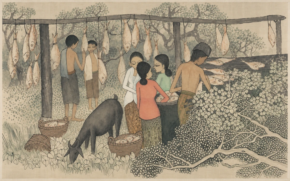 Cheong Soo Pieng《晒咸鱼》完整画幅的AI策展影像