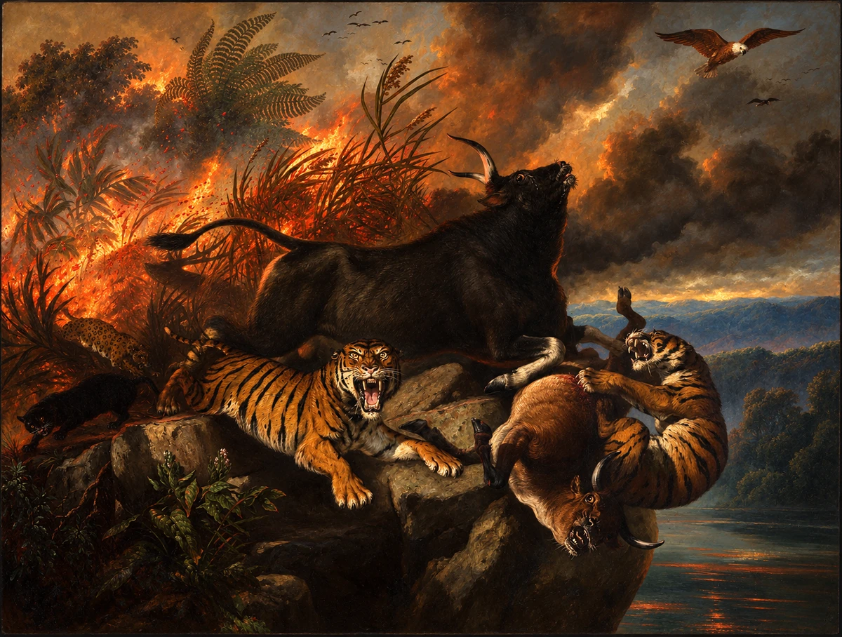Raden Saleh《森林大火》完整画幅的AI策展影像
