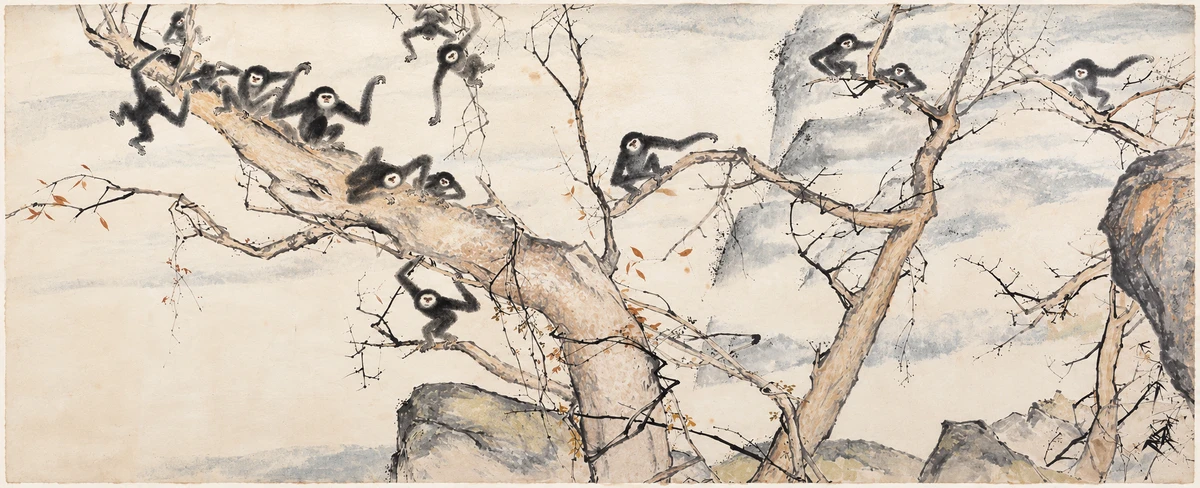Chen Wen Hsi《长臂猿》（1977年大型画）完整画幅的AI策展影像
