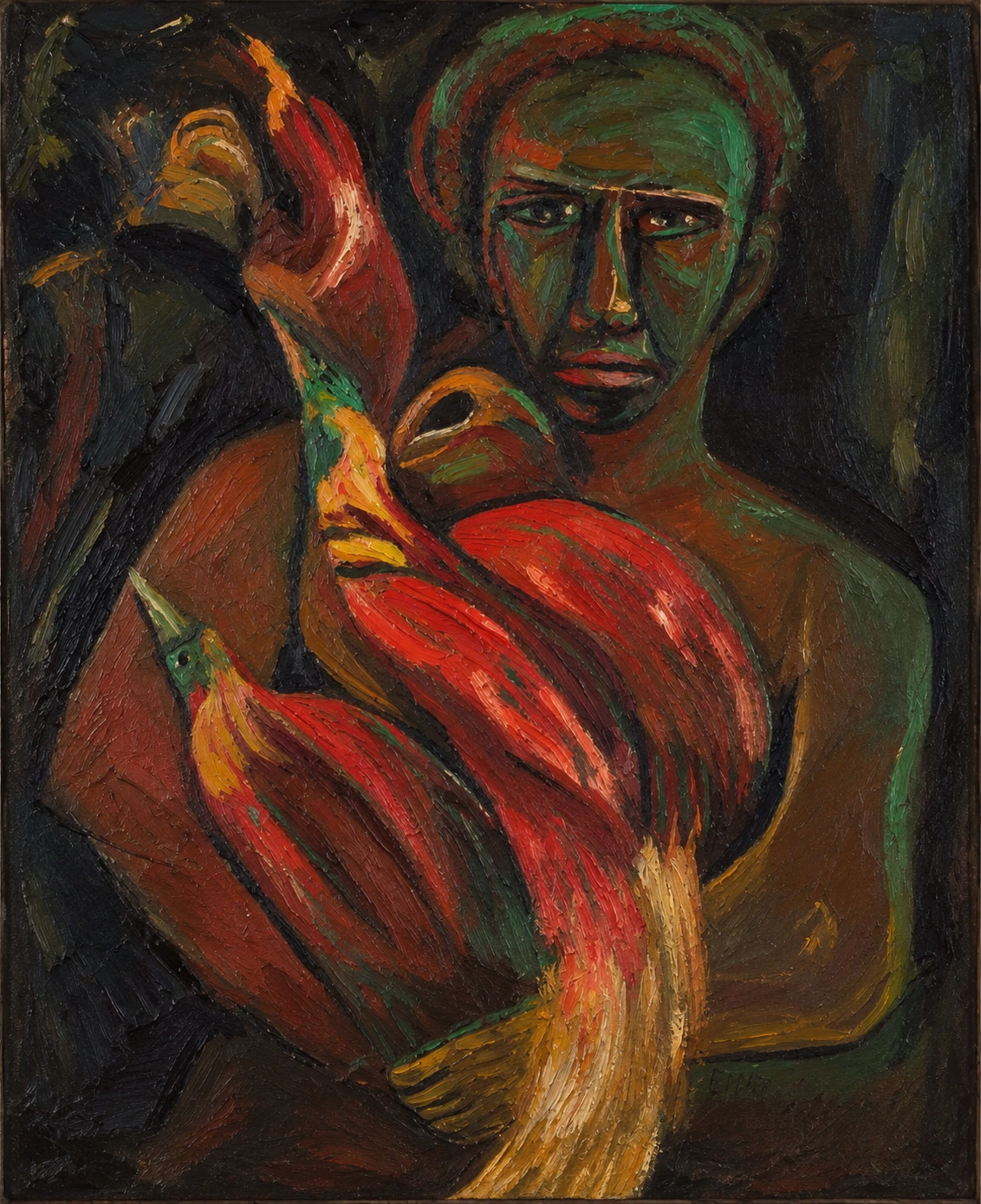 Emiria Sunassa《伊里安男子与天堂鸟》完整画幅的AI策展影像