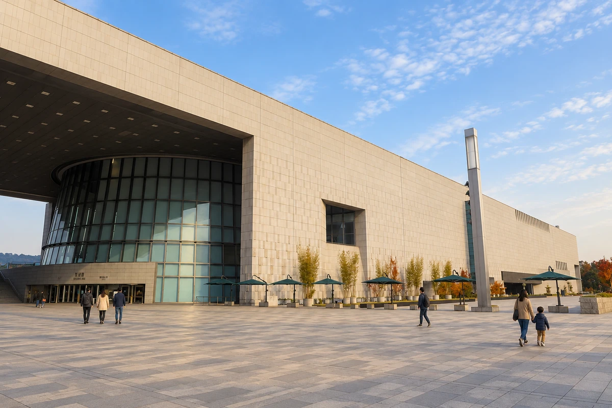 开放门廊与参观者，韩国国立中央博物馆龙山馆区的策展场景
