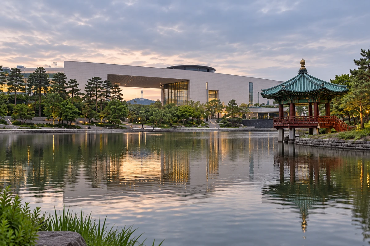 镜池与青瓦亭，韩国国立中央博物馆龙山馆区的策展场景