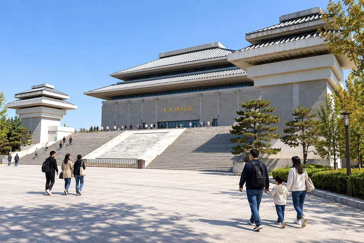 新馆右前方地面视角，阙楼、高台及中央主楼，少量同行参观者为AI人文演绎。