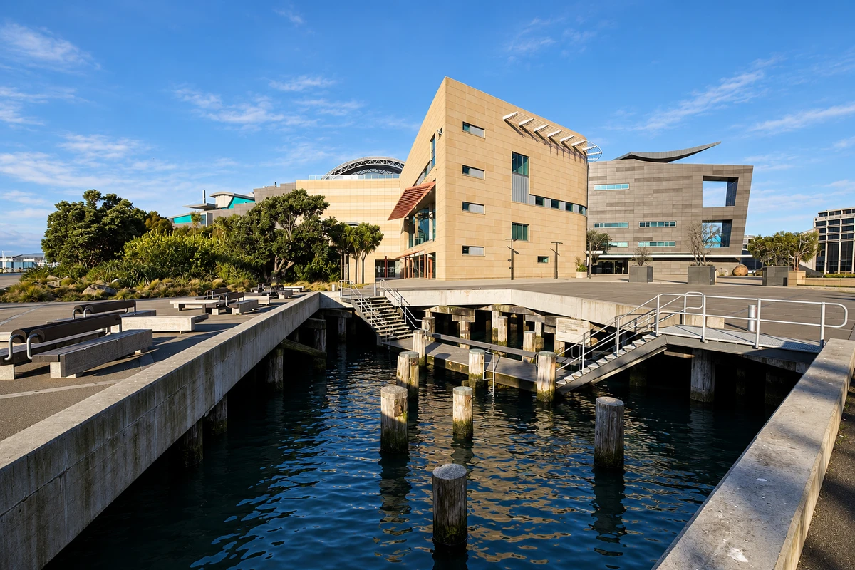 Te Papa 主馆滨水侧面与码头阶梯，AI空间演绎