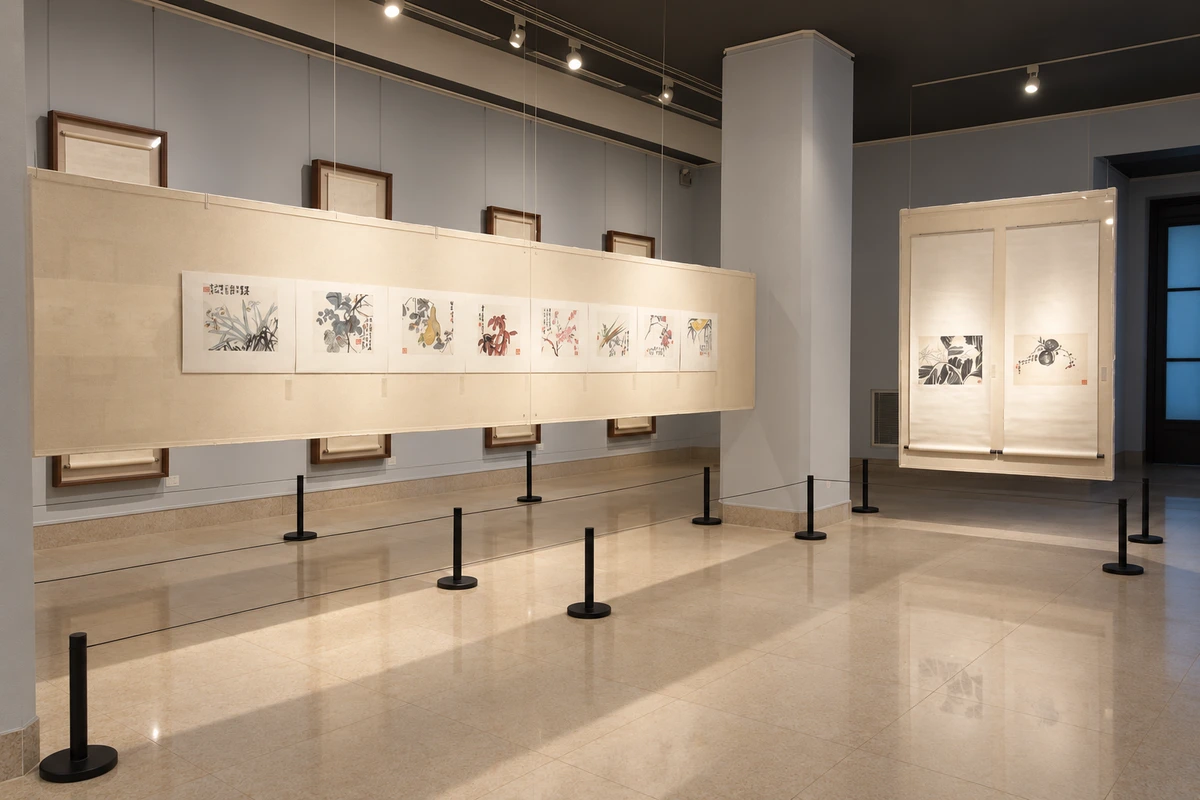 依据中国美术馆2016年纸本绘画展墙照片制作的策展摄影，暖色悬挂展板与灰色柱体构成安静的展厅。