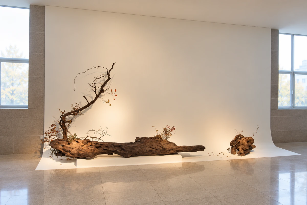 依据中国美术馆2016年展角照片制作的策展摄影，枝木组合置于低矮展台和弧形浅色展墙前。