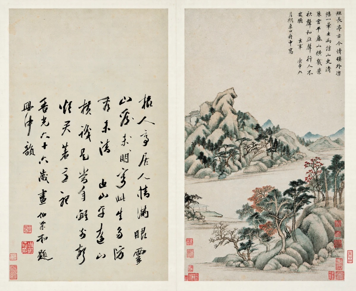 AI视觉演绎：秋兴八景图册一开的山水页、对题页与完整中缝。