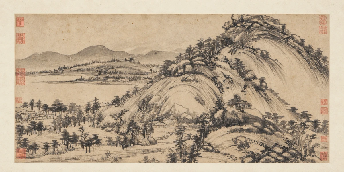 AI视觉演绎:剩山图完整画心的主山、远山、水岸与树屋。