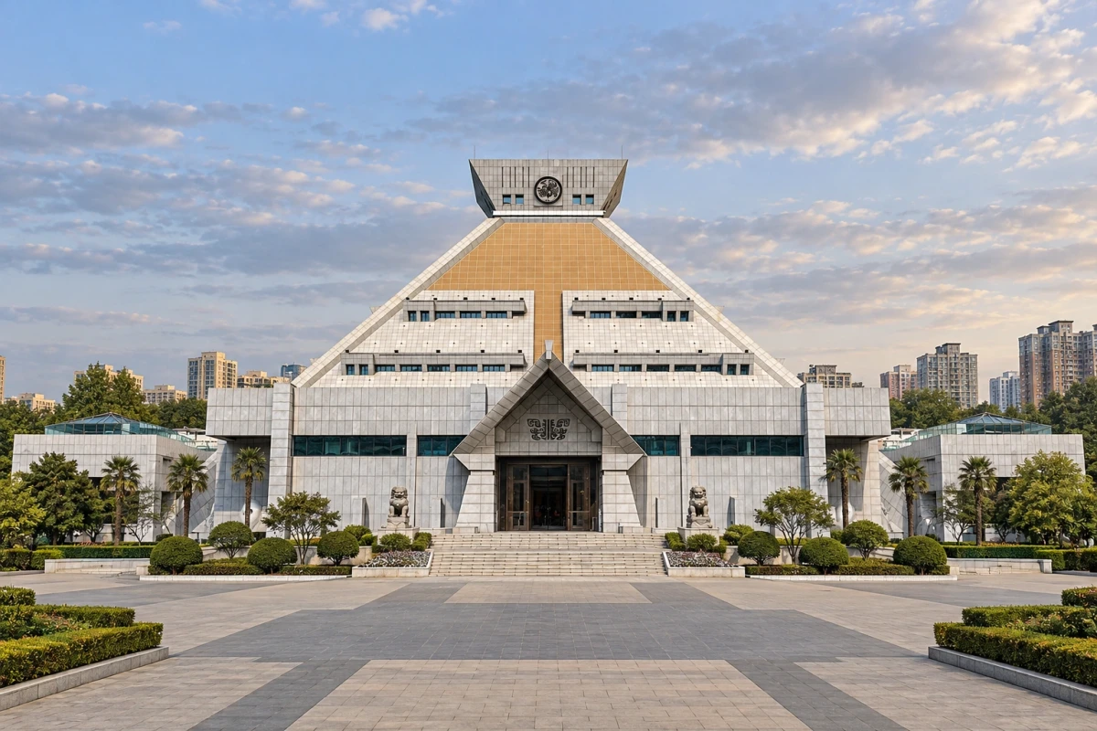 河南博物院主展馆金字塔体量、三角入口和低翼楼的完整正面全景 · AI建筑演绎 · 实拍参考