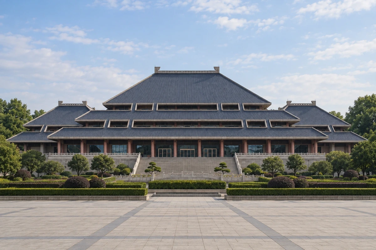 湖北省博物馆既有楚风主楼与左右屋顶的正面全景 · AI建筑演绎 · 实拍参考