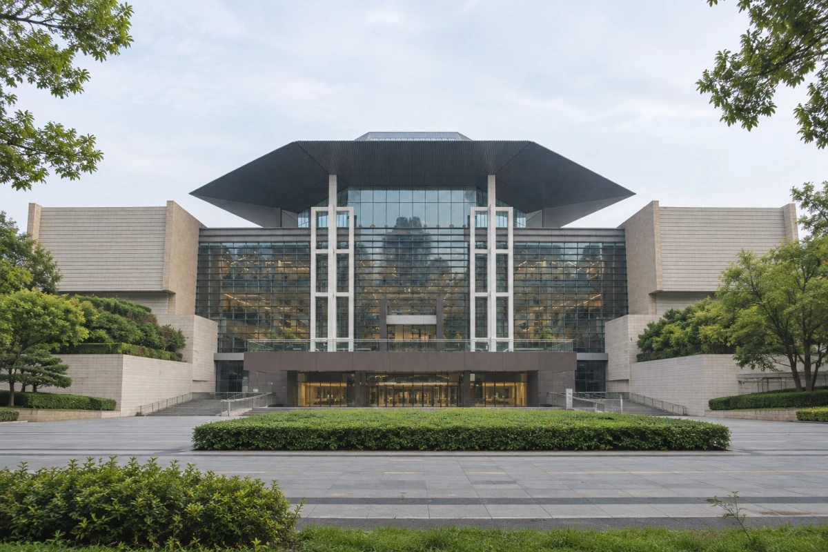 湖南博物院新馆折面屋顶、玻璃中庭与左右翼楼的正面全景 · AI建筑演绎 · 实拍参考