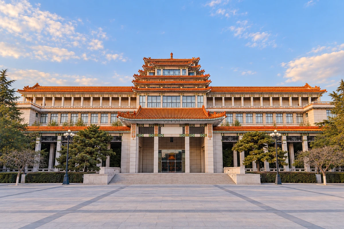 AI视觉演绎:中国美术馆正面全景,中央重檐楼阁、左右长廊与完整主入口。