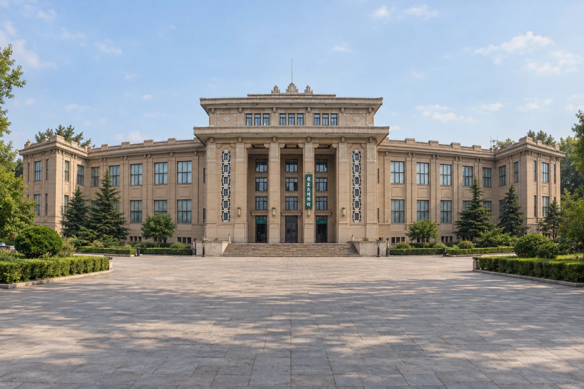 国家自然博物馆天桥既有馆舍中央主楼及左右历史翼楼的正面全景 · AI建筑演绎 · 实拍参考