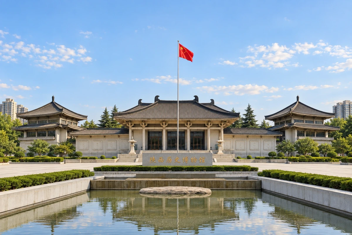 AI视觉演绎:陕西历史博物馆雁塔馆正面全景,中央主殿、双塔与低翼部完整可辨。