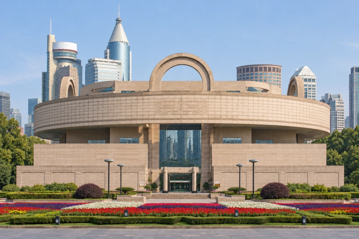 AI视觉演绎:上海博物馆人民广场馆正面全景,完整圆鼎外形与入口。