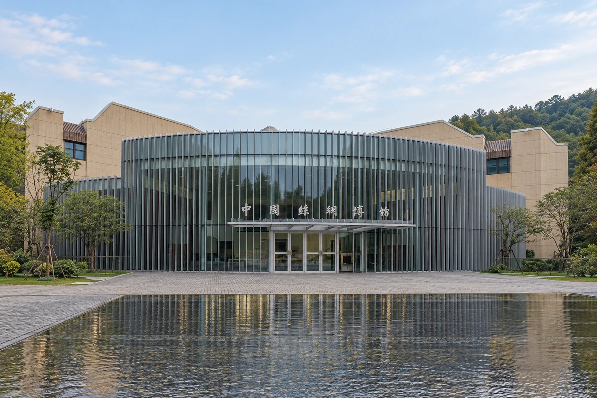 中国丝绸博物馆·主入口建筑完整正面全景,AI建筑影像