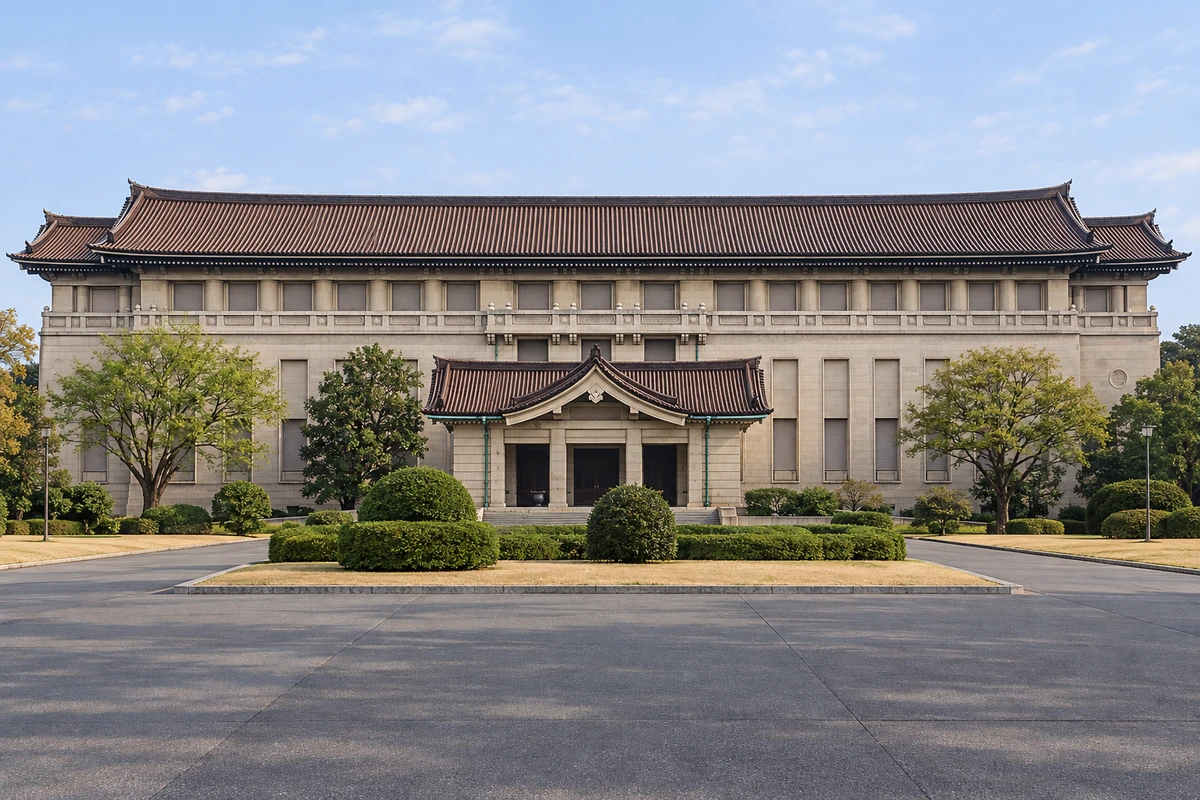 AI视觉演绎:东京国立博物馆上野本馆正面全景,帝冠式屋顶与完整主入口。