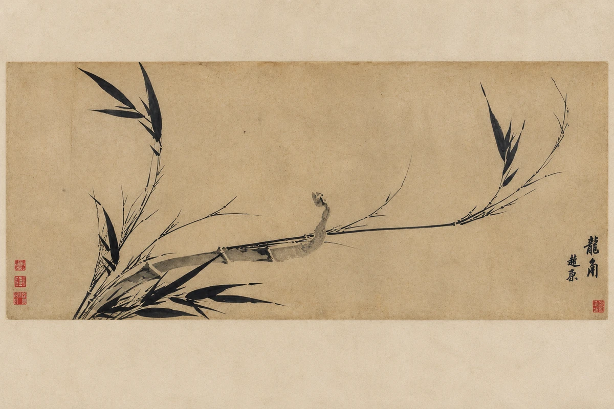 AI视觉演绎：苏州博物馆七君子墨竹图卷中的赵原龙角竹画段，完整呈现这一段墨竹，不含其余画段。