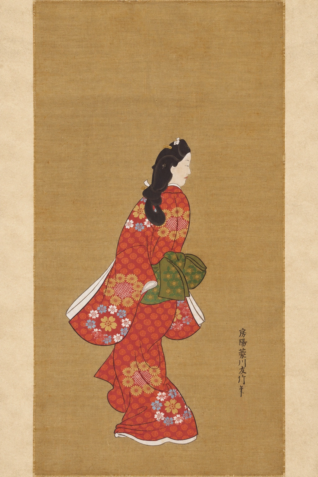 AI视觉演绎：东京国立博物馆回首美人图。绢本肉笔画，全幅女性与衣摆，未替换为版画。