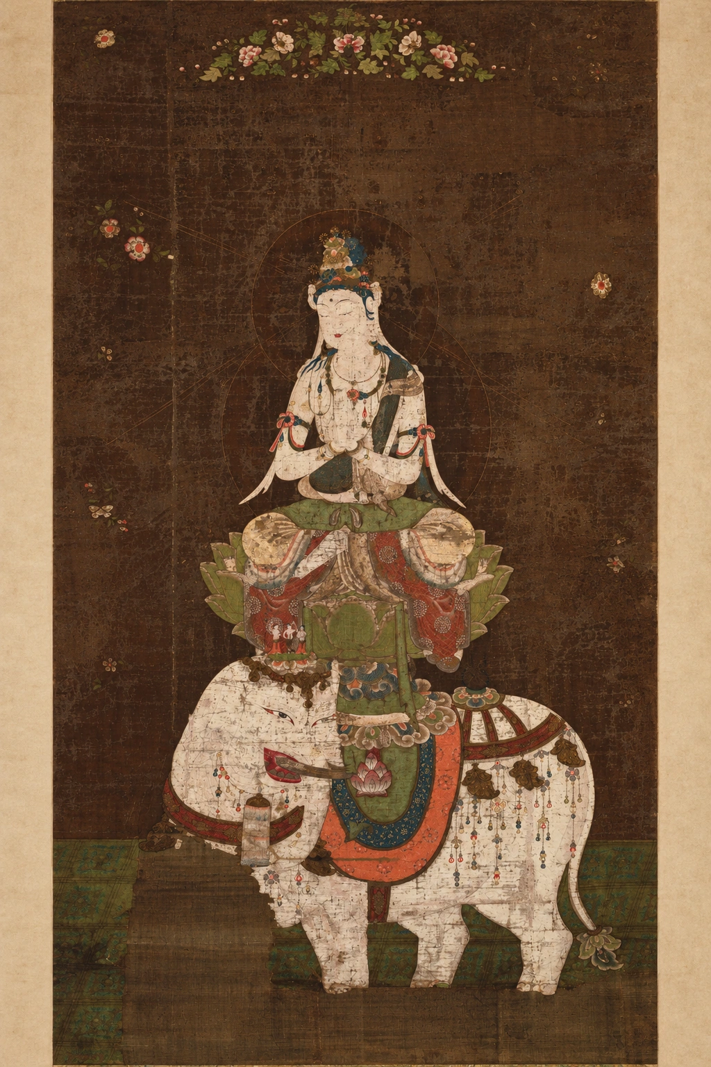 AI视觉演绎：东京国立博物馆普贤菩萨像。普贤A-1完整画幅，上方花盖与下方白象均入画。