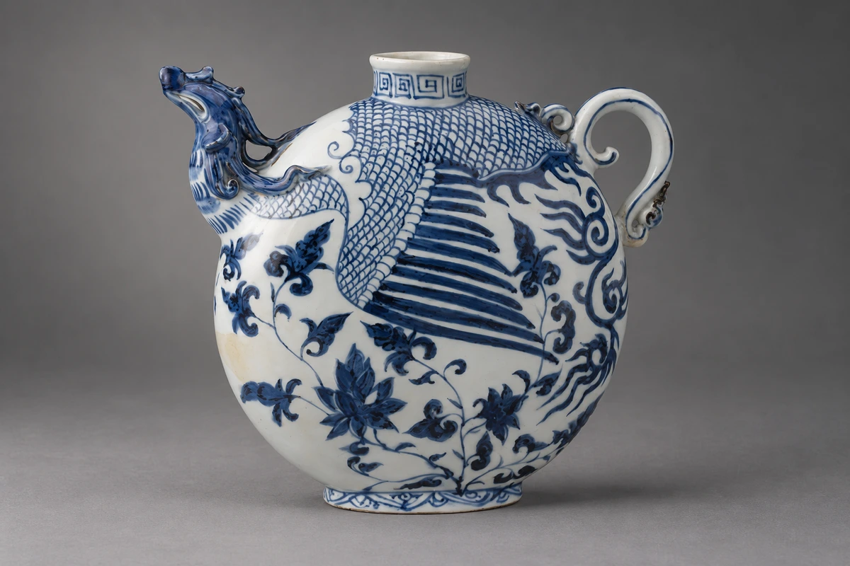 首都博物馆元代青花凤首扁壶完整器形策展影像