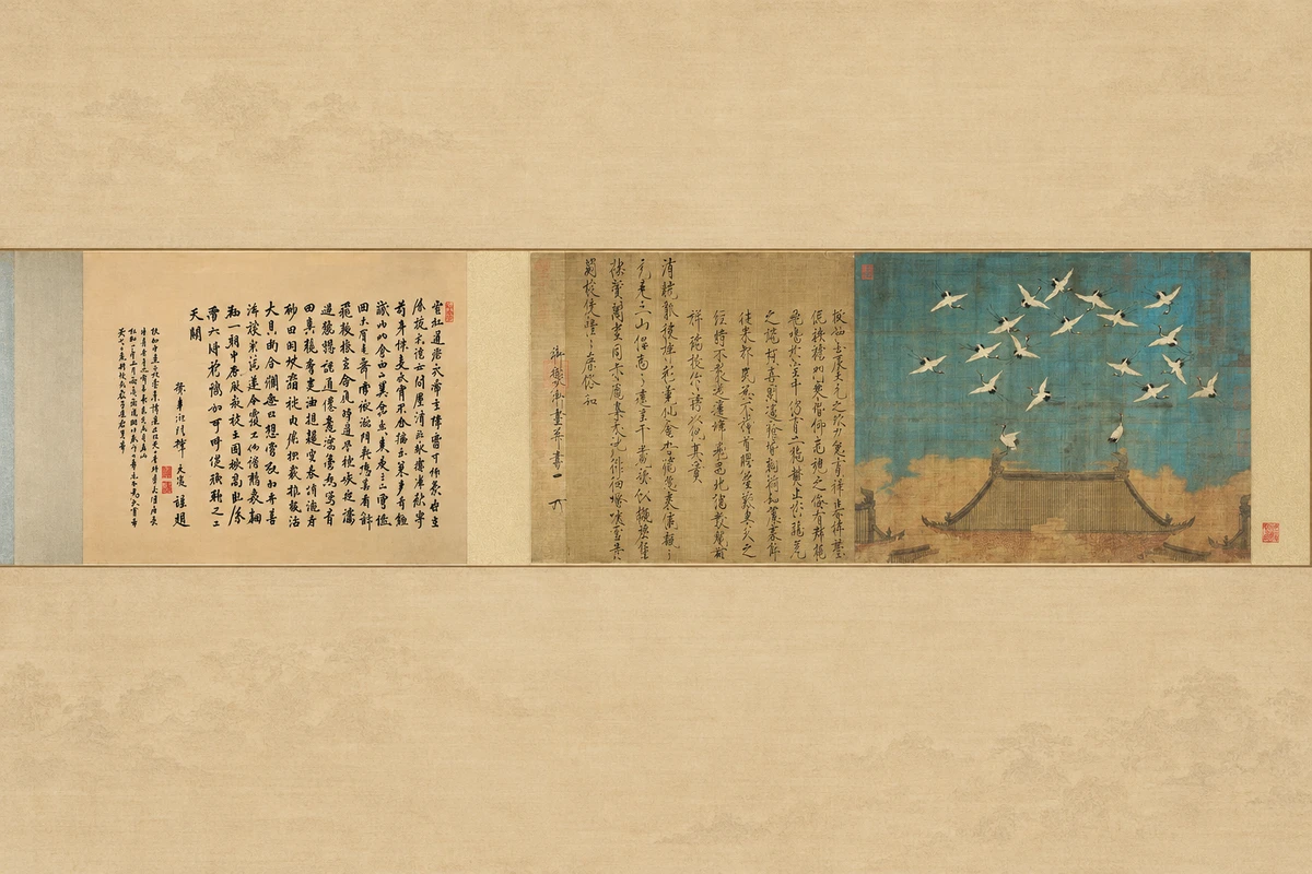 赵佶《瑞鹤图》画心与现存题跋全幅策展演绎