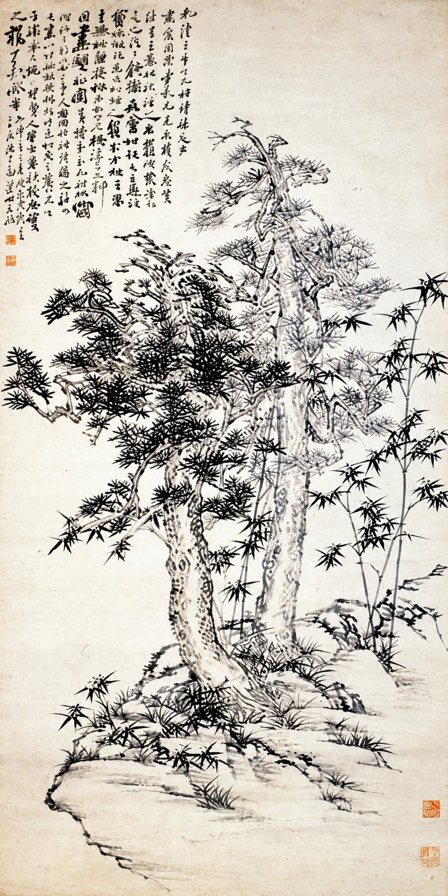 AI视觉演绎：​郑燮双松图轴，馆方实物资料，AI策展影像
