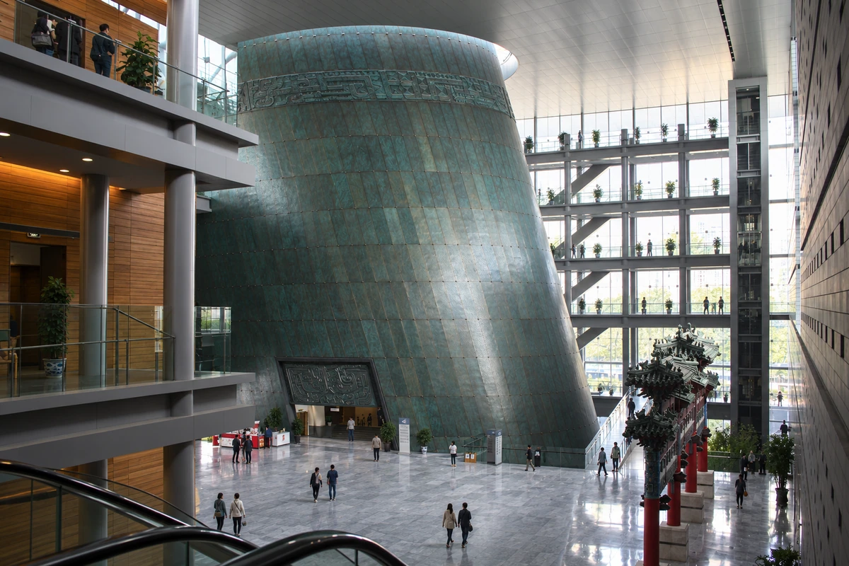 以2008年大厅实拍为建筑参考，观看青铜色斜筒、木色墙面与玻璃廊道之间的材质和光线；人物与光线为 AI 视觉演绎。