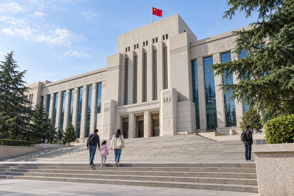 少量访客走向中央入口，竖向构件与常绿树交代兰州馆舍的空间尺度；人物和活动为 AI 视觉演绎。