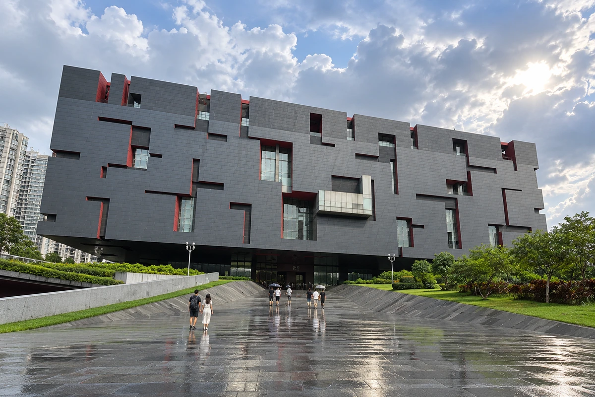 雨后从既有前场观看灰色盒体与红色开口，微湿铺地衬托建筑折面；光线为 AI 视觉演绎。
