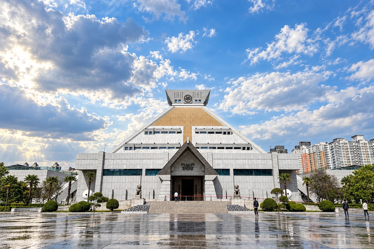 AI 视觉演绎：雨后的石色体量。雨后的铺装与浅色斜面共同呈现主展馆的几何秩序。季节与光线为 AI 视觉演绎。