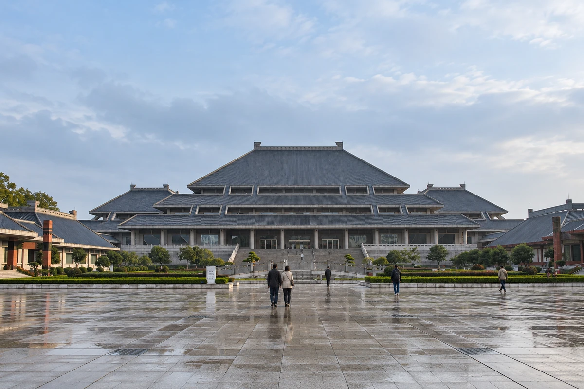 AI 视觉演绎：雨后层檐。层层屋檐在雨后灰蓝天光中清晰展开，湿石面显出细致纹理。季节与光线为 AI 视觉演绎。