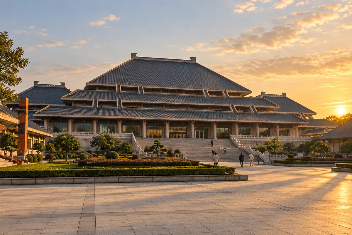 AI 视觉演绎：夕照楚风。夕光照亮馆舍檐口与白墙，深色屋顶和长影构成沉静画面。季节与光线为 AI 视觉演绎。