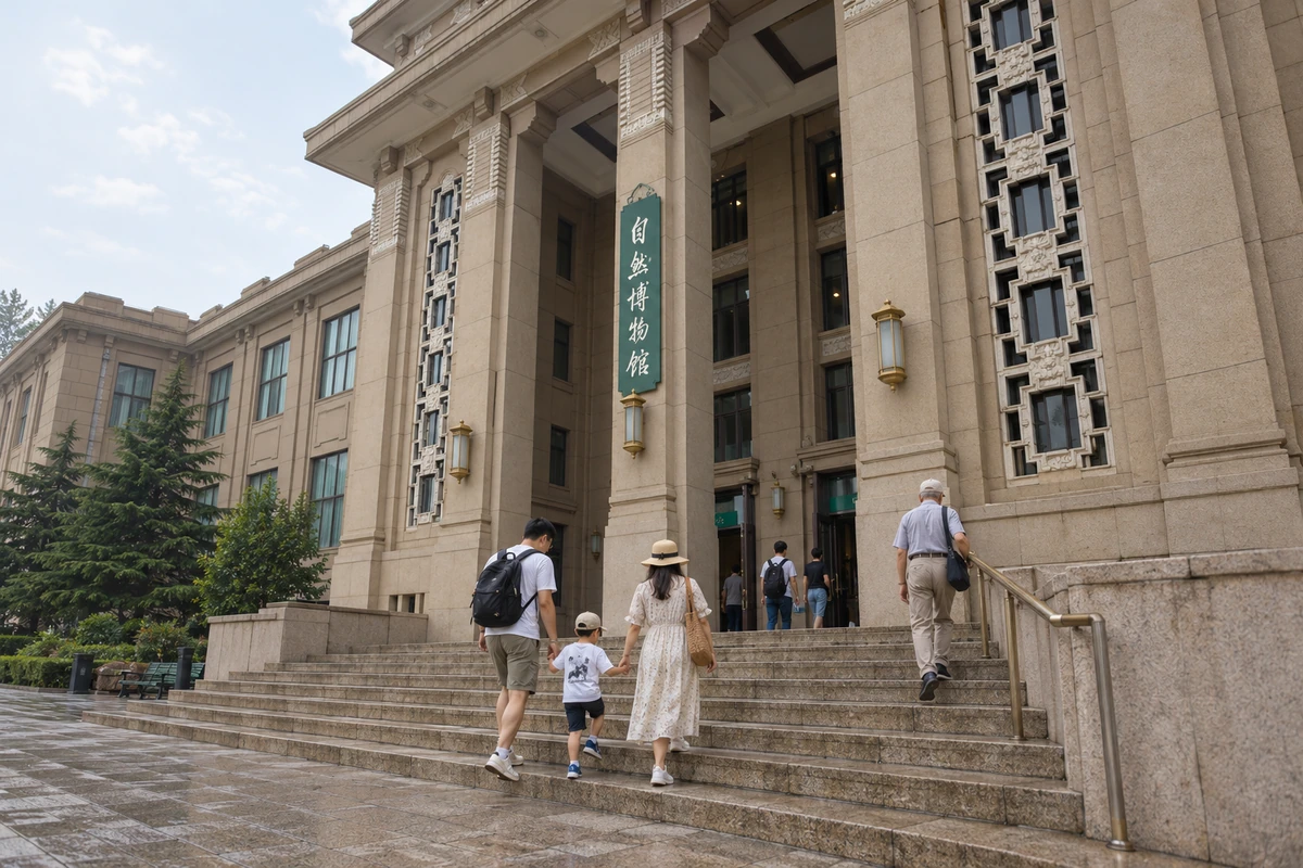少量访客在天桥既有馆舍的入口石阶上停留，柱廊与人的尺度形成对照；人物和活动为 AI 视觉演绎。