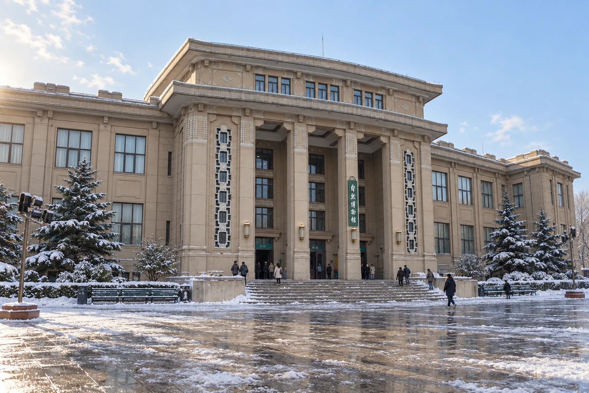 冬日薄雪覆盖天桥既有馆舍入口台阶，浅色柱廊与常绿树形成安静对照；雪景为 AI 视觉演绎。