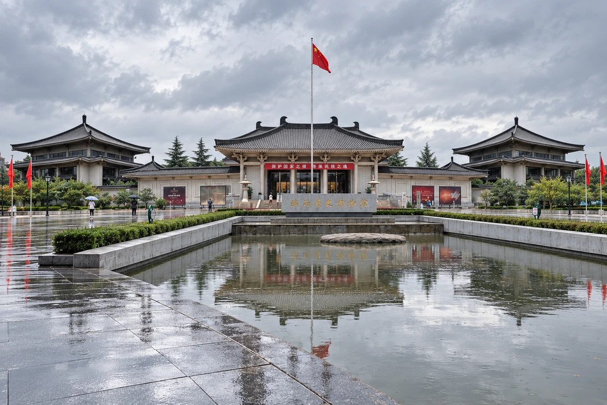 AI 视觉演绎：雨后池畔。前庭水面与湿润石材映衬灰瓦屋顶，雨后的建筑层次更显分明。季节与光线为 AI 视觉演绎。