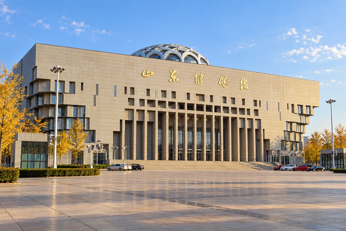 低角度秋日光线强调现馆石色立面、层叠窗洞与入口柱列；季节为 AI 视觉演绎。