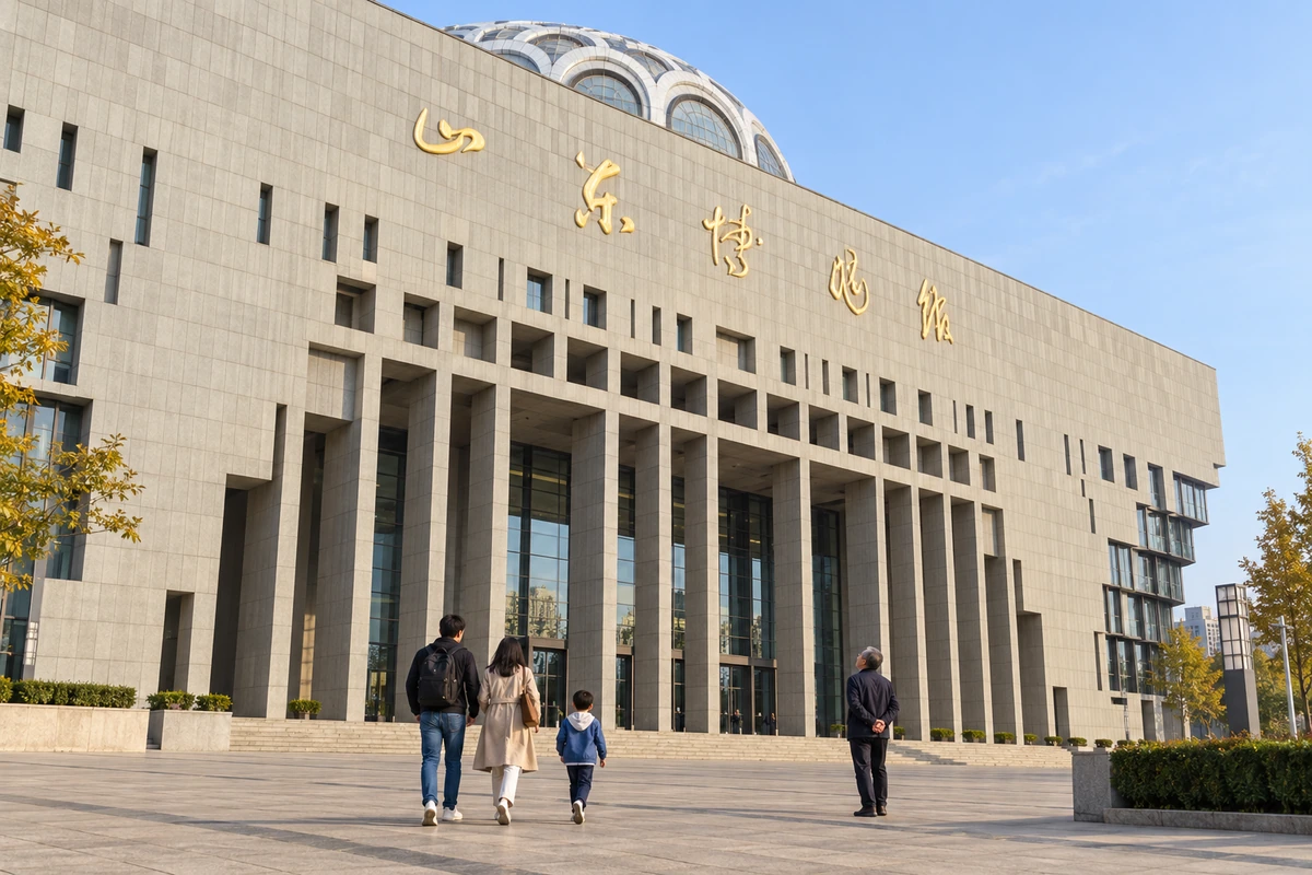 少量访客在现馆入口柱列前行走与停留，厚重石面显出人的尺度；人物和活动为 AI 视觉演绎。