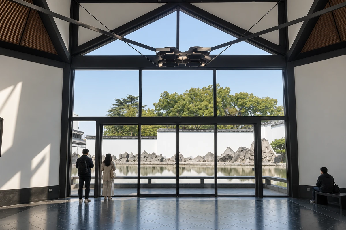AI 视觉演绎：玻璃门前的水院光影。真实室内空间以几何顶架和玻璃门框住水院，片石、白墙与天光透入安静的观看区。人物与光线为 AI 视觉演绎。