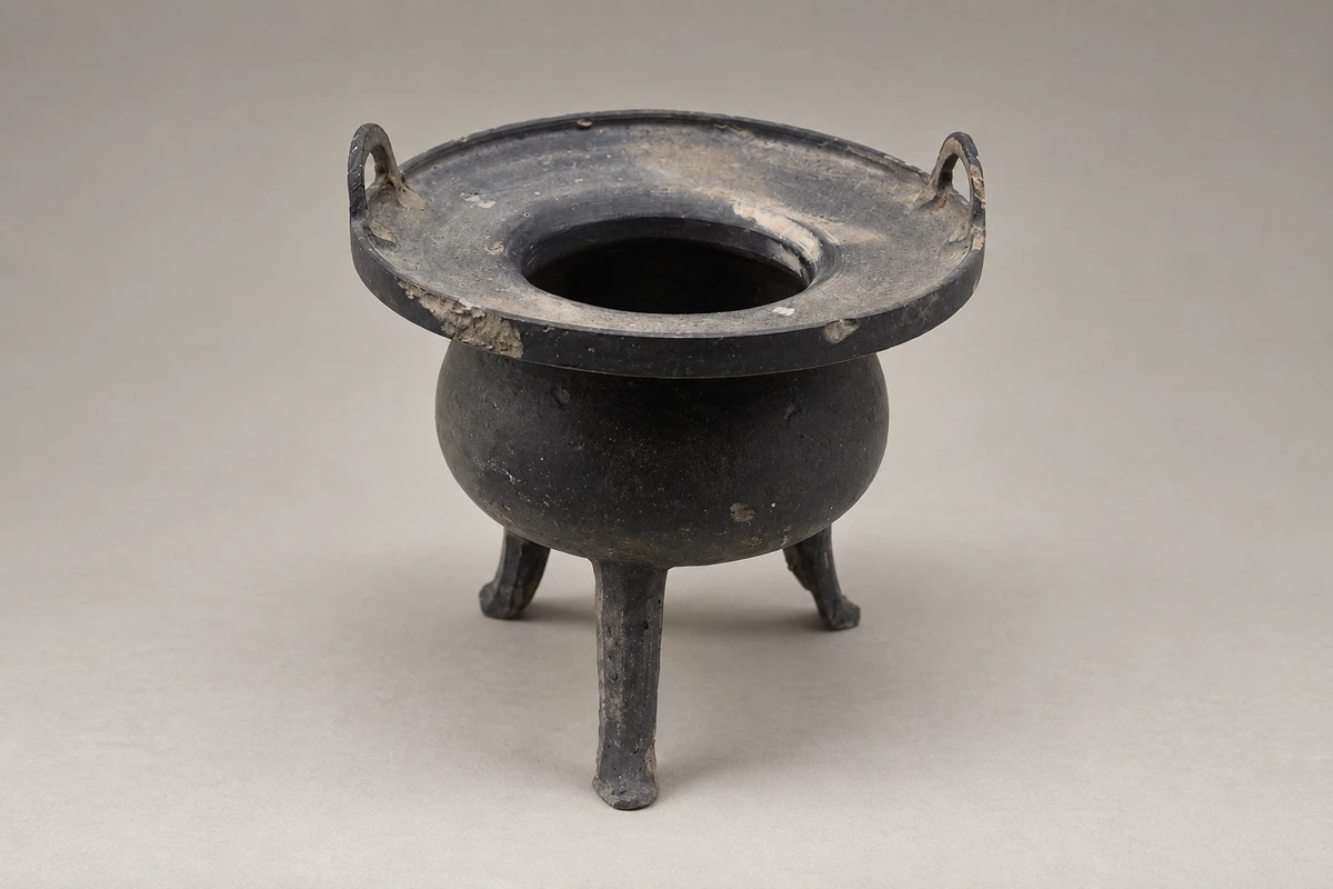 黑陶双耳鼎：宽展器口、双耳与三足组成敞口鼎形，与带盖兽首鼎共同呈现东周陶礼器的变化。