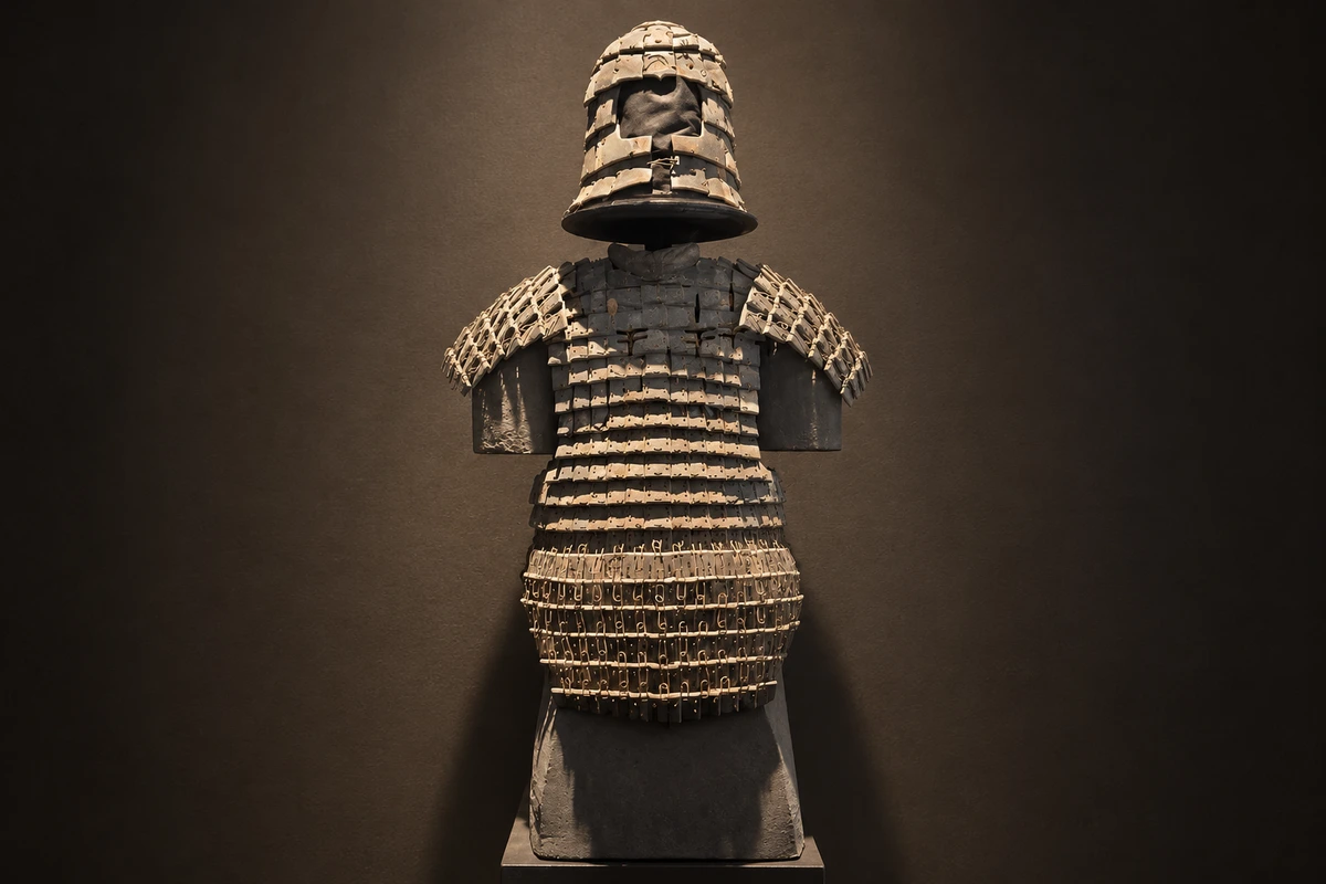 石铠甲（拼接展示）：细小石片以连缀方式构成甲衣形状，拼接展示让材料、重量与陪葬观念同时进入观看。