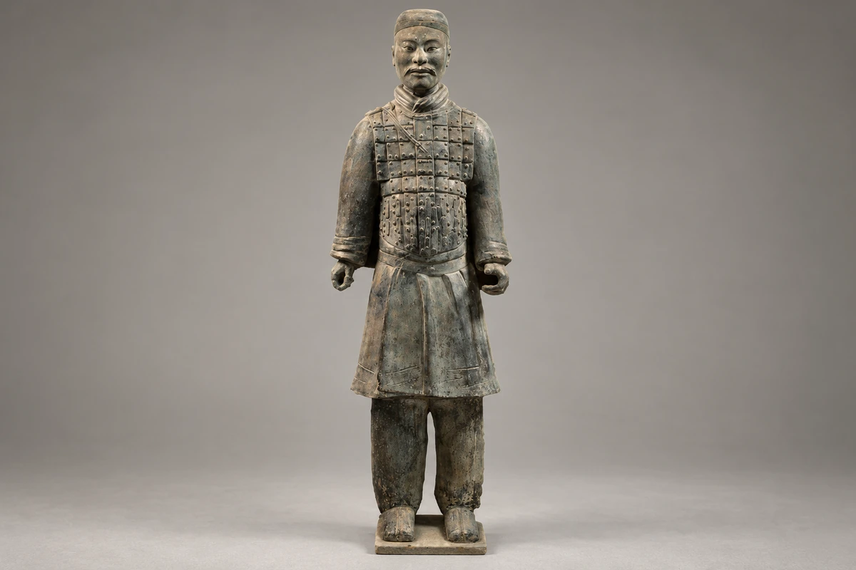 骑兵俑：圆帽、较贴身的衣甲、长裤和靴，呈现与立射、跪射俑不同的骑兵装束。