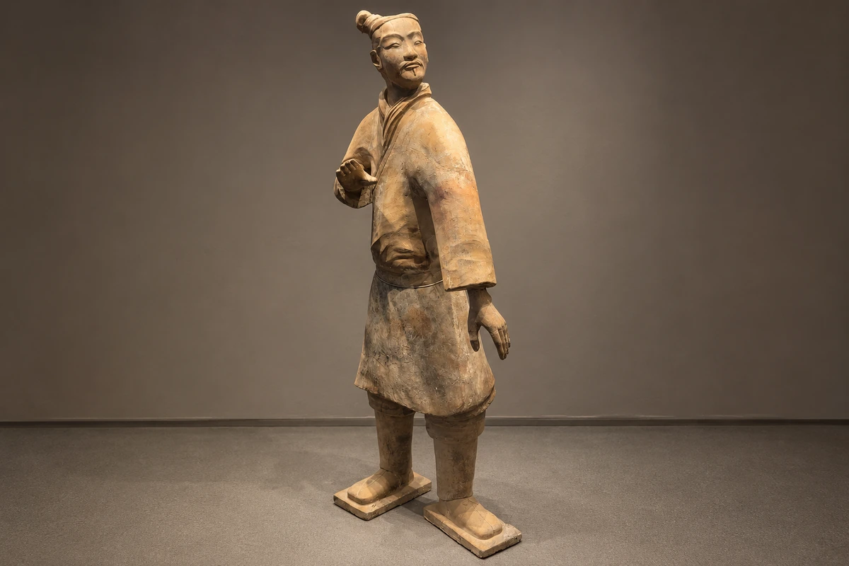 立射俑：侧转的身体和前后分置的双足，让站立射手的发式、衣褶与待发动作同时可见。